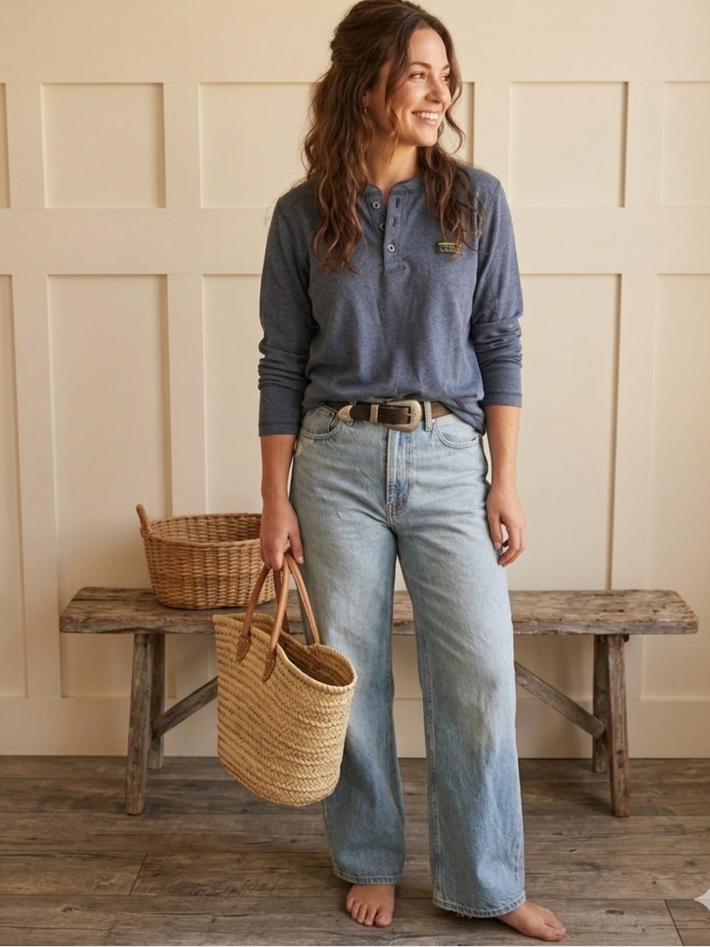 L.L. Bean Heather Navy Long-Sleeve Henley Small